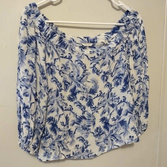 Jack Wills Women's Blue & White Floral Sheer Off The Shoulder Blouse Size 6 - Picture 2 of 5